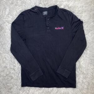 Hurley Long Sleeve Henley  Shirt Women Black Graphic Print Logo S